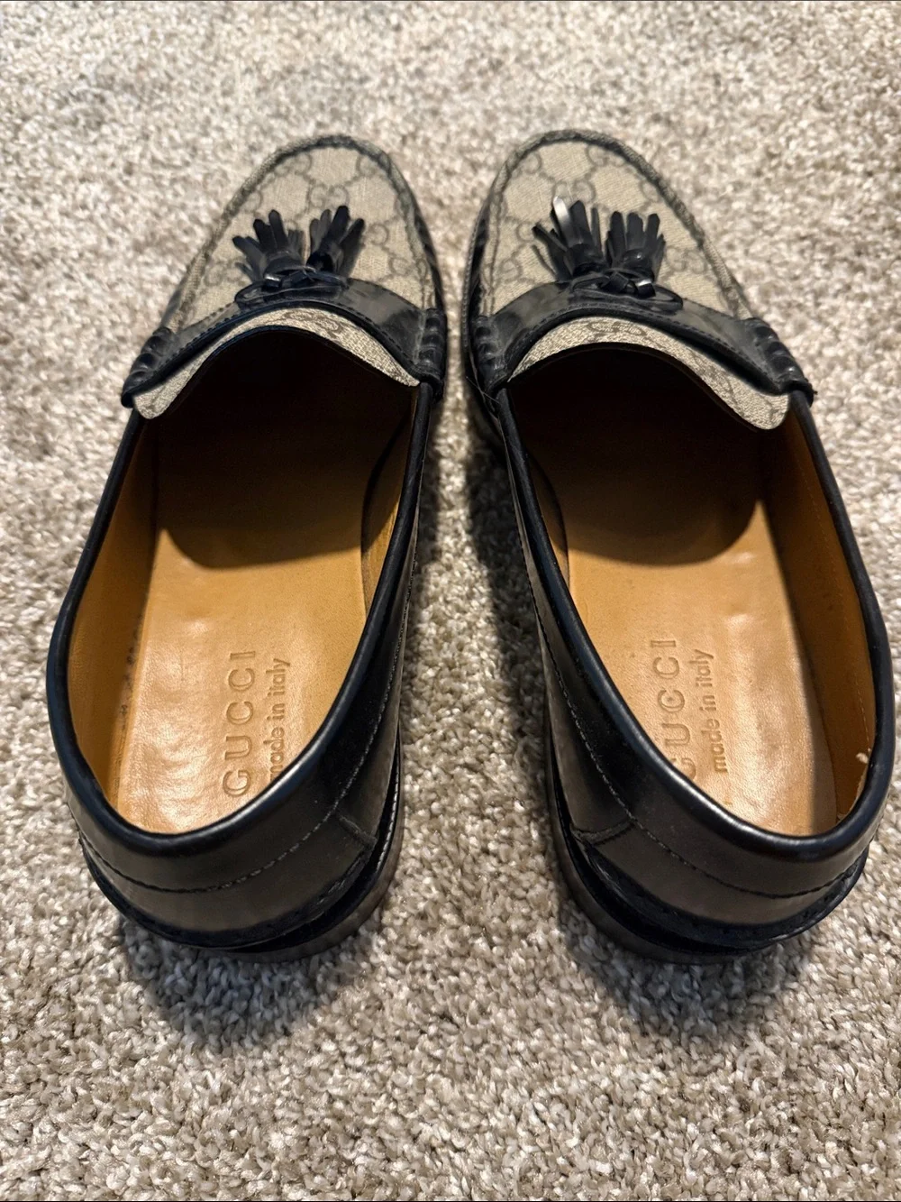 Gucci Beige GG Canvas and Black Leather Tassel Loafers